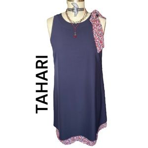 Tahari Sleeveless Side Bow Neck A Line Shift Dress Navy Blue Red White Floral 6